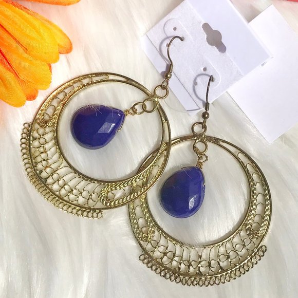 Handmade Jewelry - Boho Earrings Large Bead Goldtone Dangle Hoops NWT